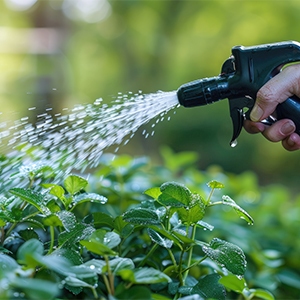 watering greenery outdoors with water hose